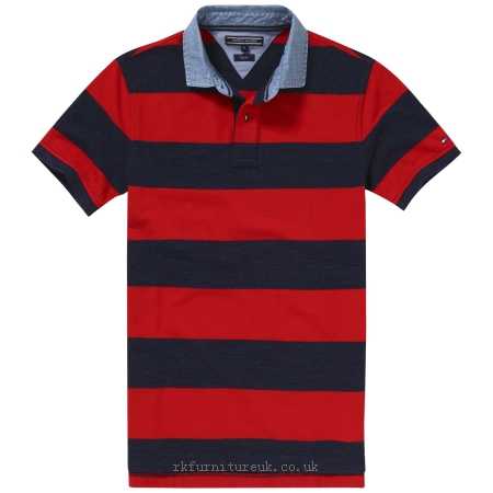 Mens Polo Shirts Tommy Hilfiger Brian Stripe Polo Shirt, Dark Indigo/Apple Red 322057 100% cotton